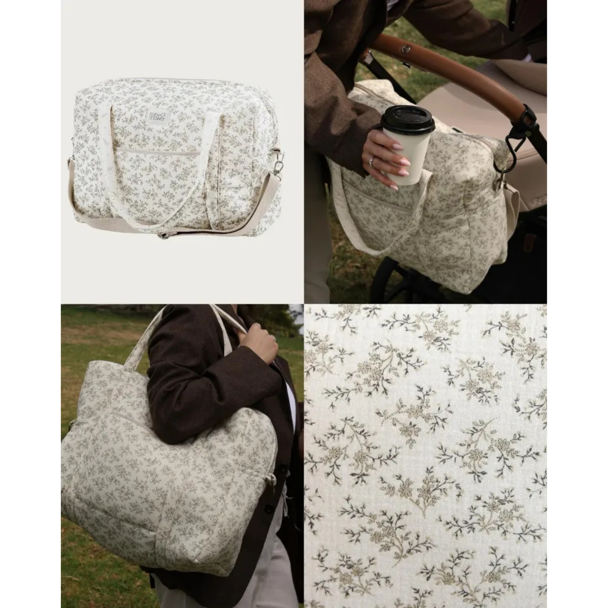 תיק החתלה "קמילה" מכותנה אורגנית - מעוטר בעלים אפורים