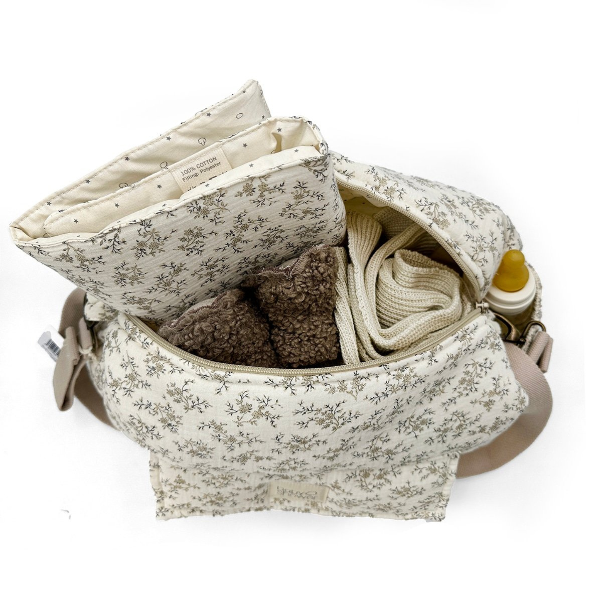 תיק עגלה “קמילה” מכותנה אורגנית – מעוטר בעלים אפורים