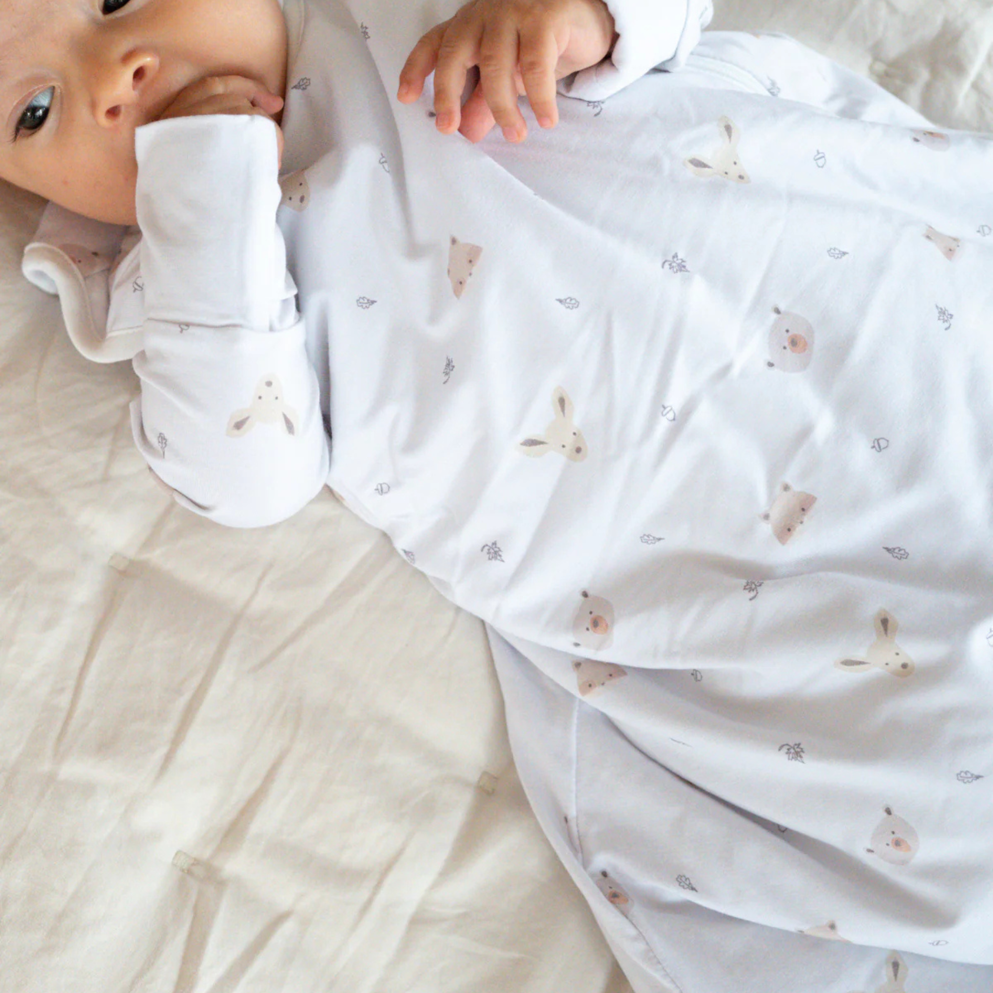 שק שינה גדול מבד במבוק – בצבע לבן ניוד מעוטר בדמויות של חיות