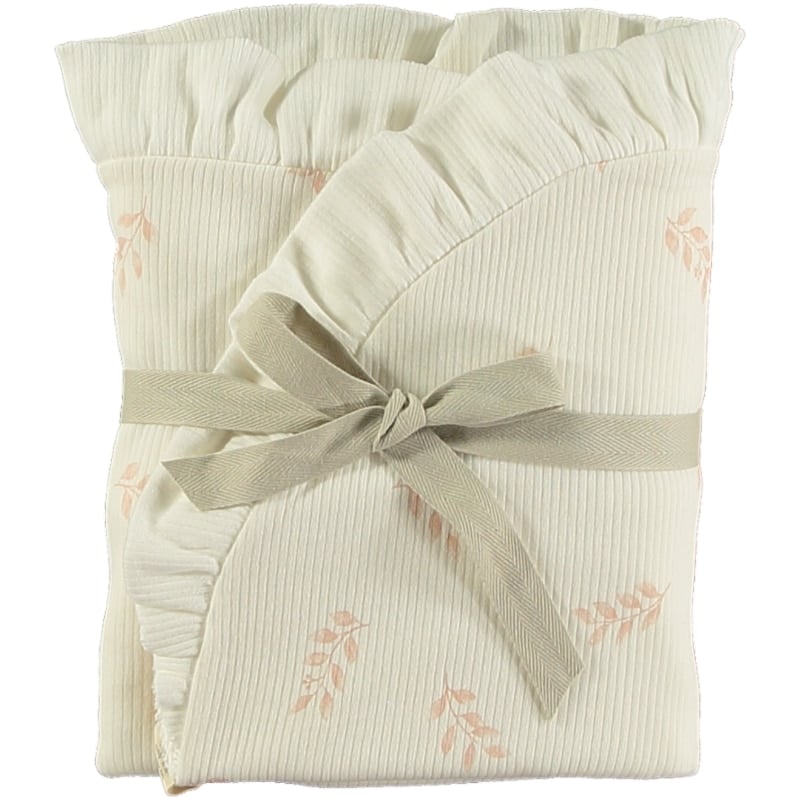 מגבת/שמיכה מכותנה אורגנית בצד אחד בצבע לבן ומצד שני מעוטר עלים ורוד