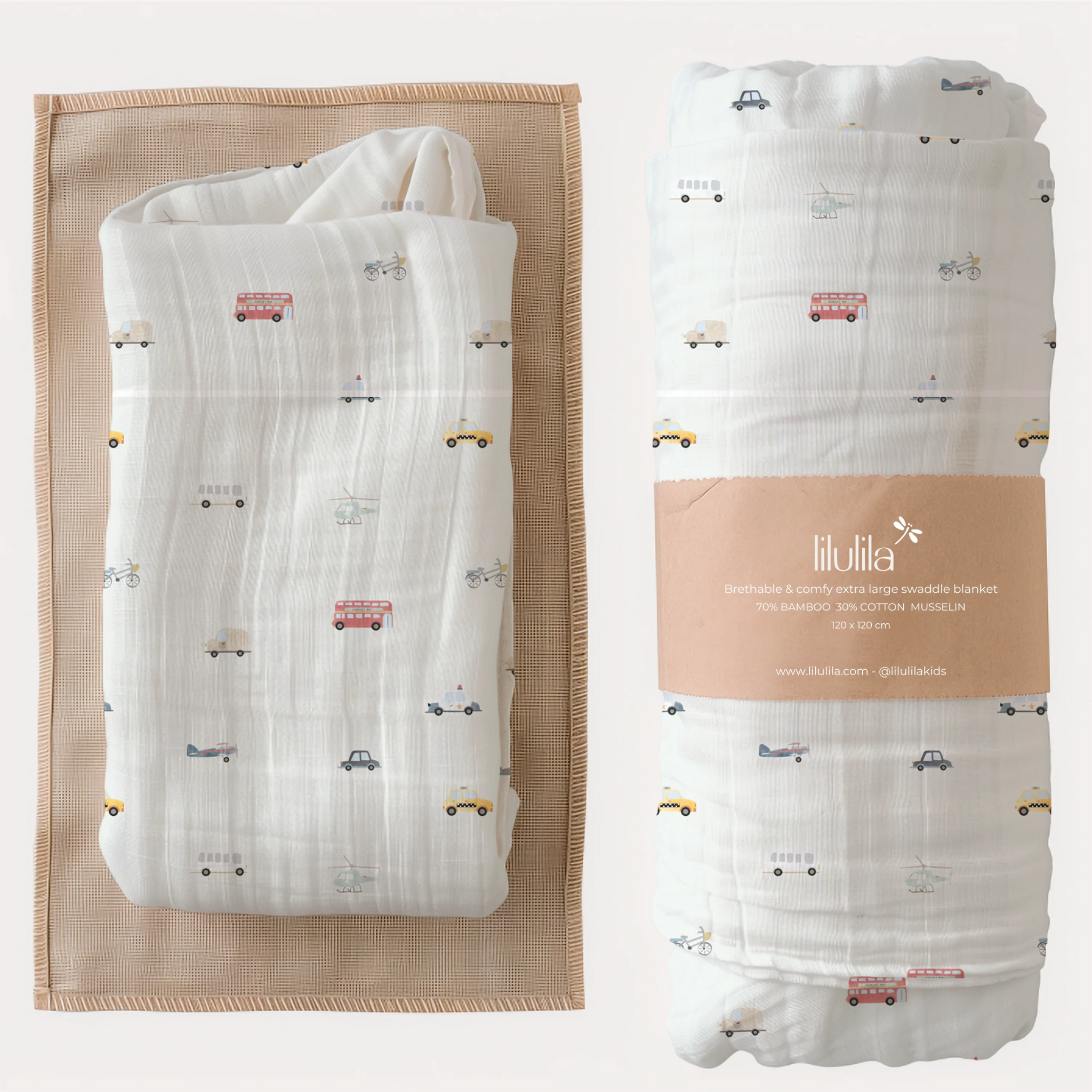 שמיכת טטרה מבד במבוק - בצבע לבן מעוטרת במכוניות