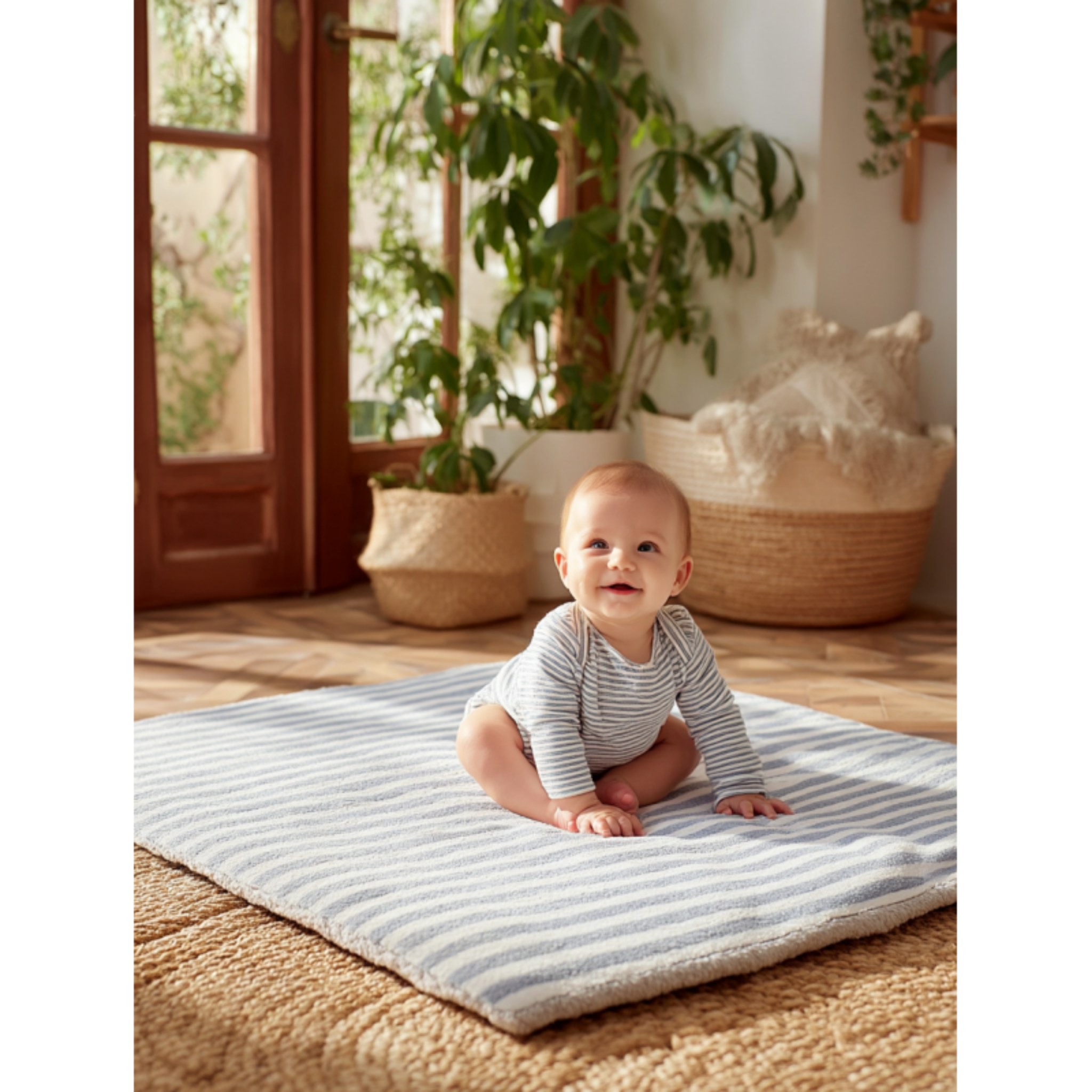 מחצלת פיקניק מכותנה אורגנית - מעוטרת בפסים כחול נייבי