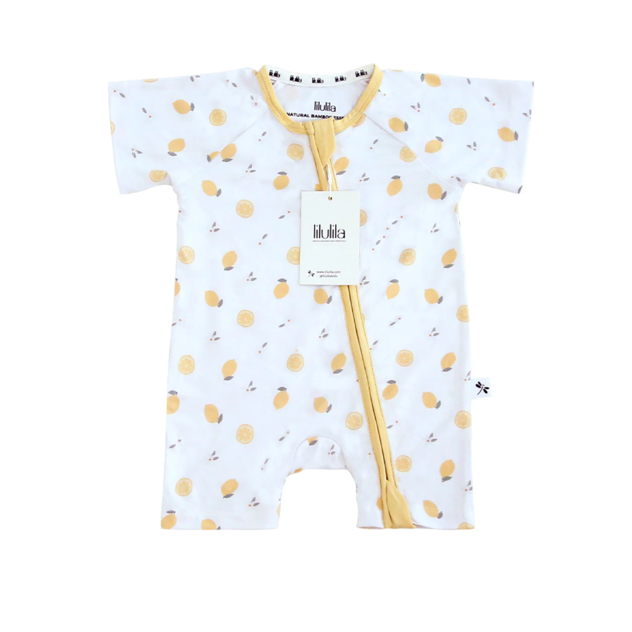 אוברול קצר עם רוכסן - צבע לבן מעוטר בלימונים