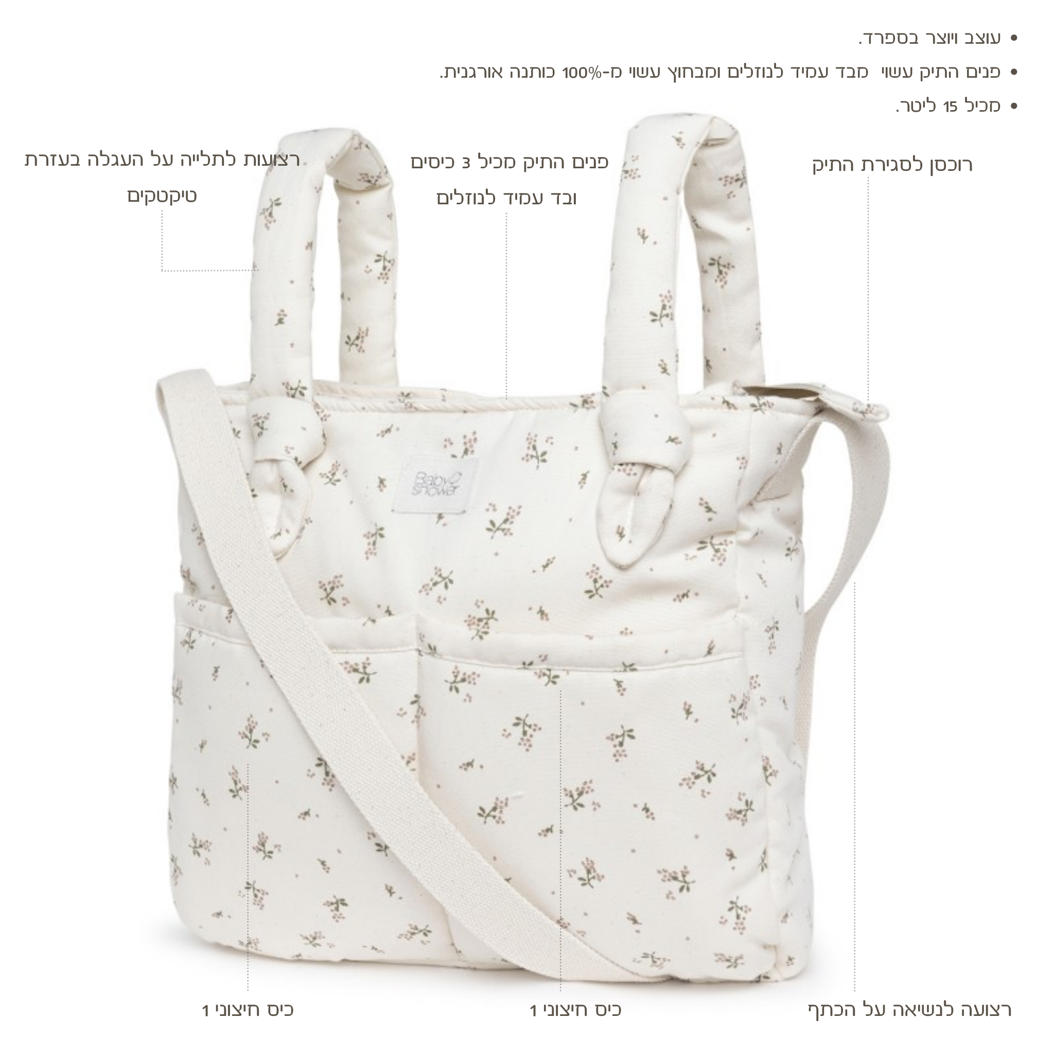 תיק עגלה בינוני מעוטר בדומדמניות עם הסברים