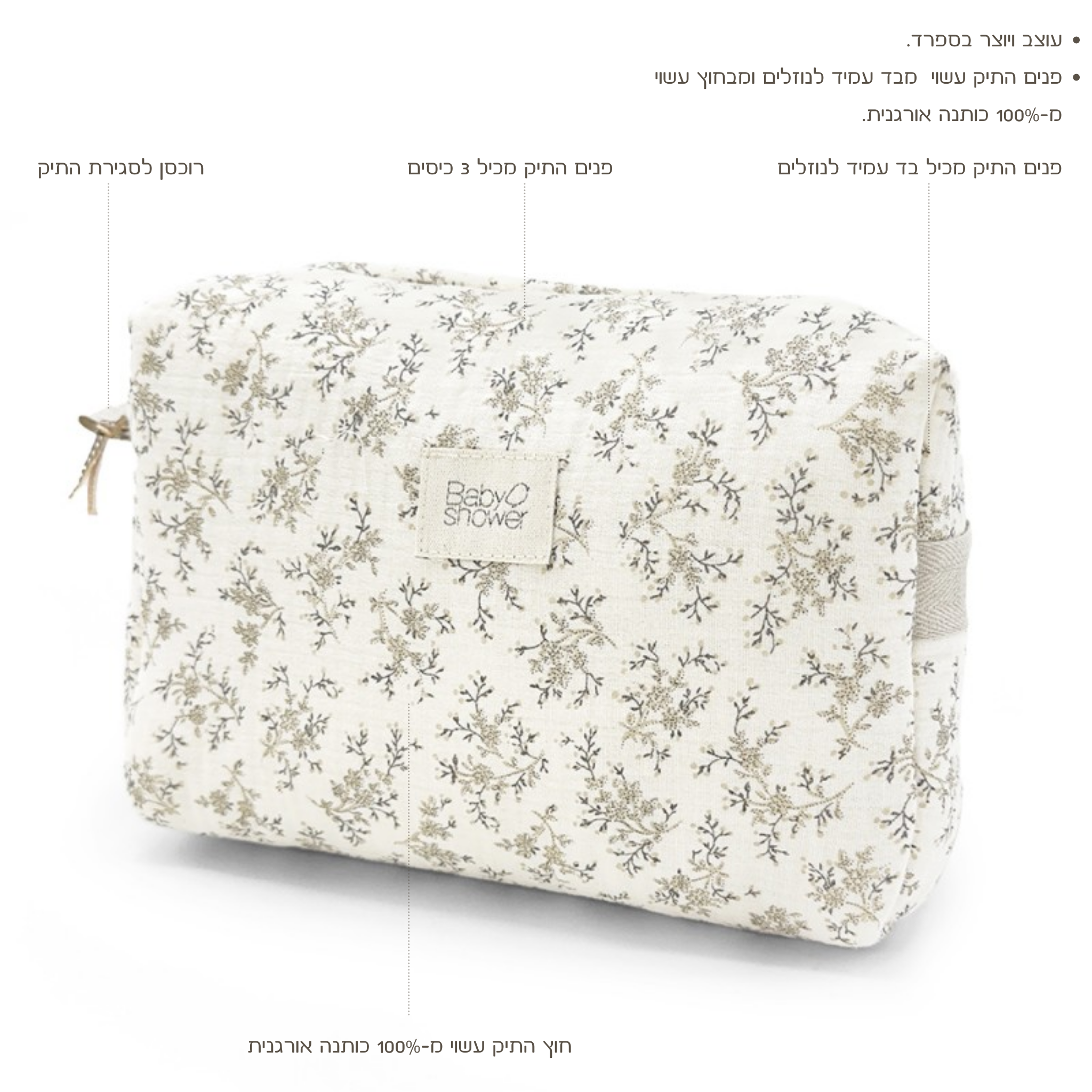 תיק רחצה מעוטר בענפים אפורים עם הסברים