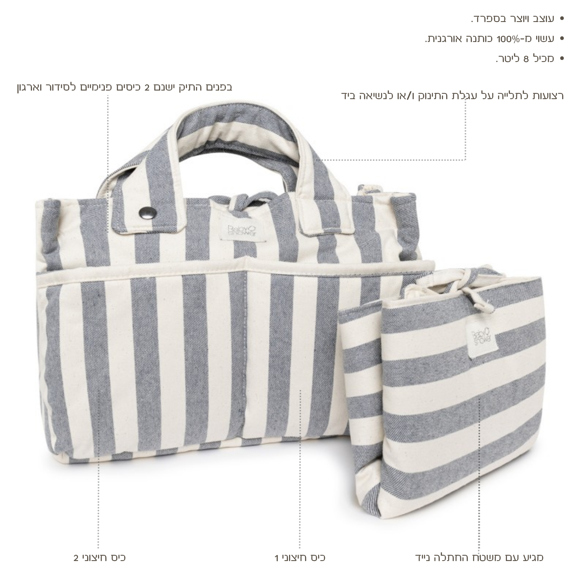 תיק עגלה קטן/ארגונית מכותנה אורגנית - פסים כחול לבן