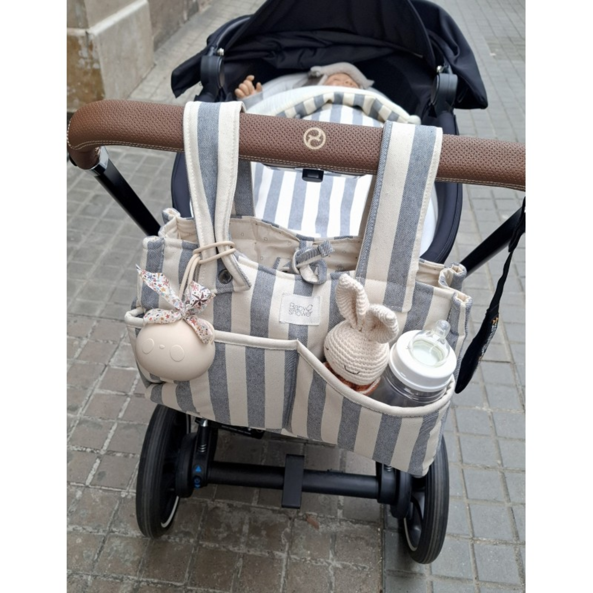 תיק עגלה קטן/ארגונית מכותנה אורגנית - פסים כחול לבן