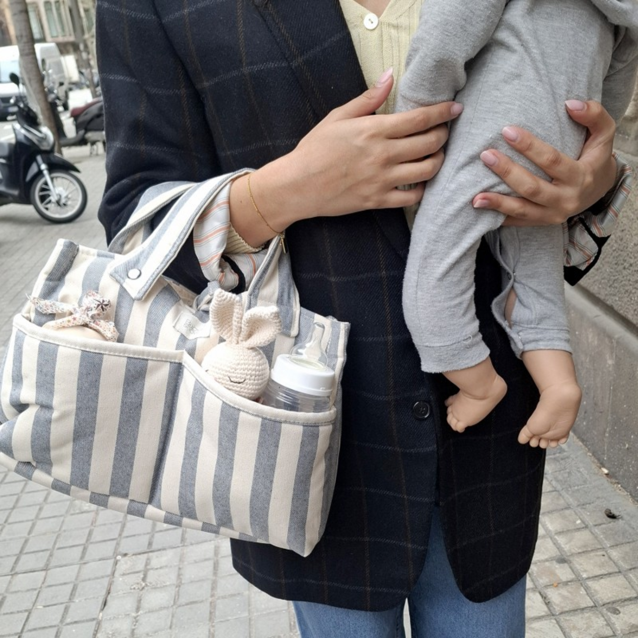 תיק עגלה קטן/ארגונית מכותנה אורגנית - פסים כחול לבן