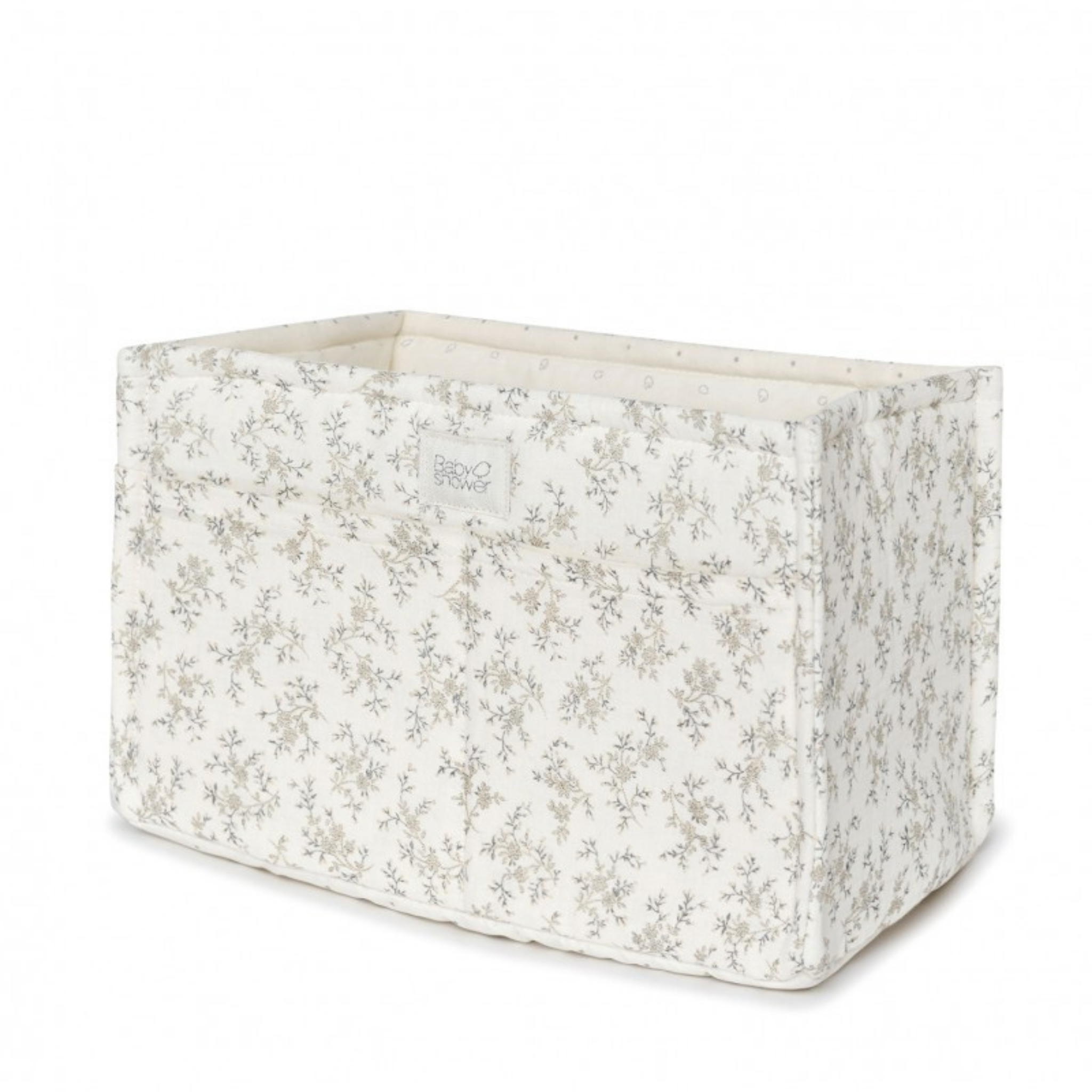 סל אחסון גדול בצורה מלבנית מכותנה אורגנית - מעוטר בעלים אפורים