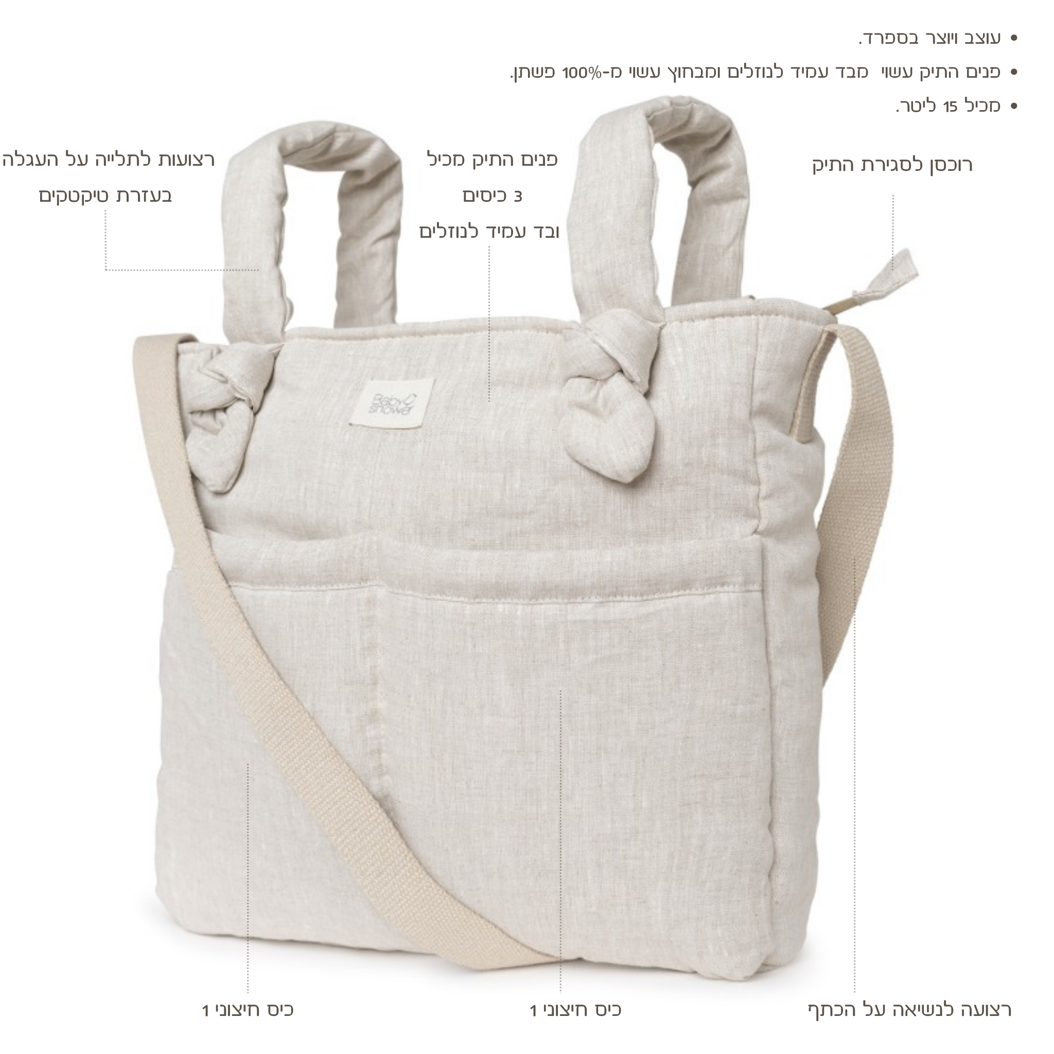 תיק עגלה בגודל בינוני מפשתן  – בצבע אפור בהיר