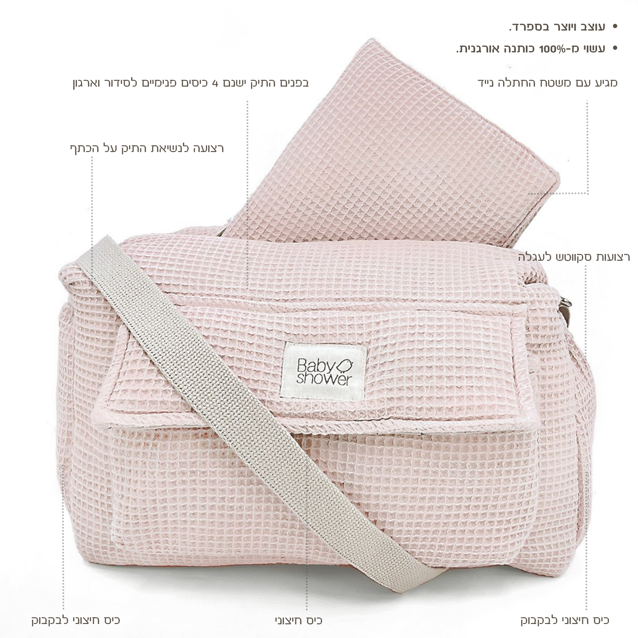 תיק עגלה קמילה באריגת וופל בצבע ורוד ניוד עם הסברים