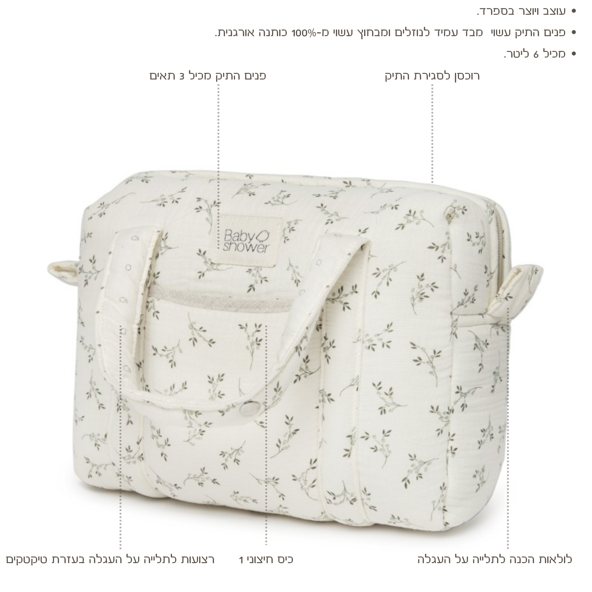 תיק עגלה קטן/ארגונית "TINY" מכותנה אורגנית - מעוטר בעלי זית
