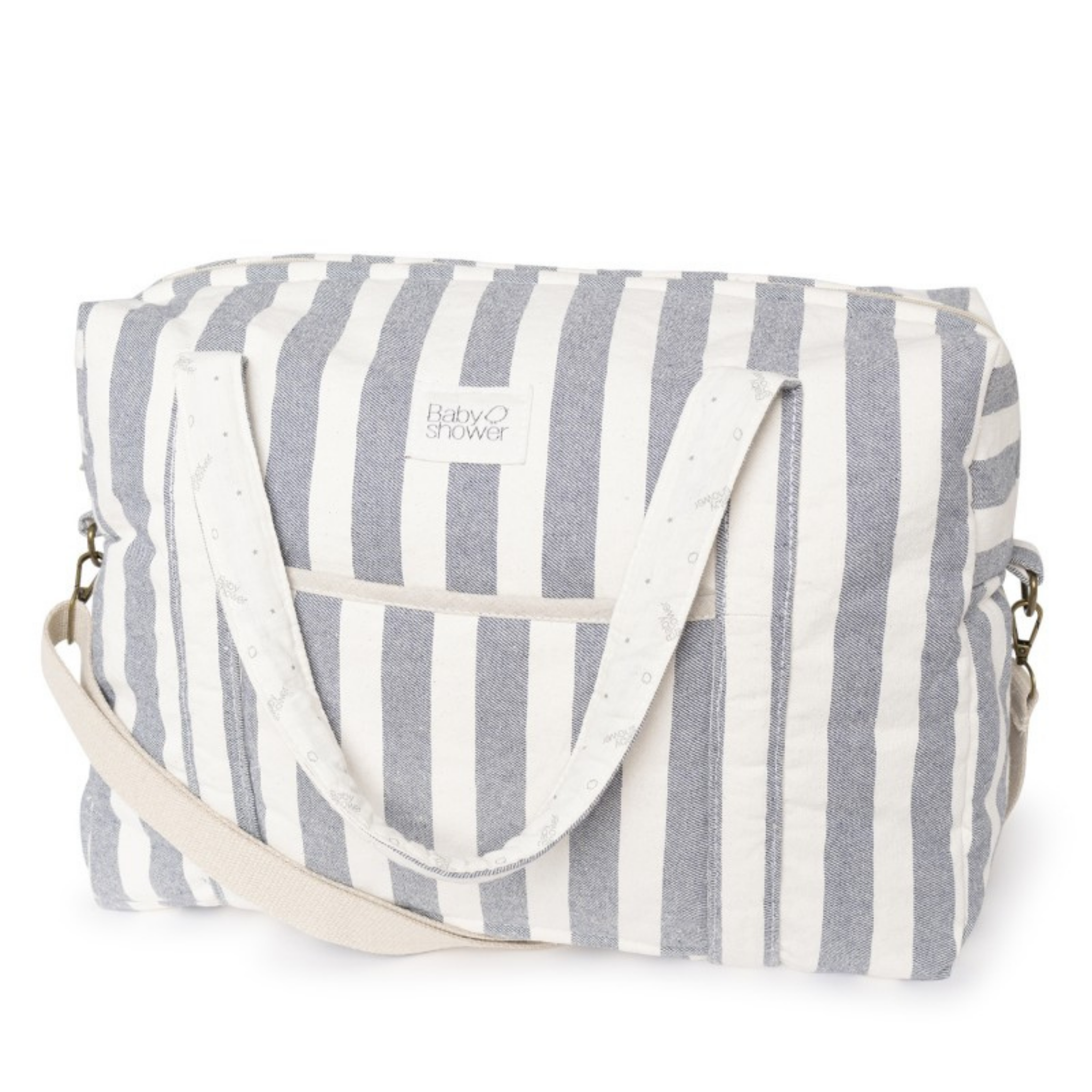 תיק החתלה "קמילה" מכותנה אורגנית -מעוטר בפסים בצבע כחול נייבי